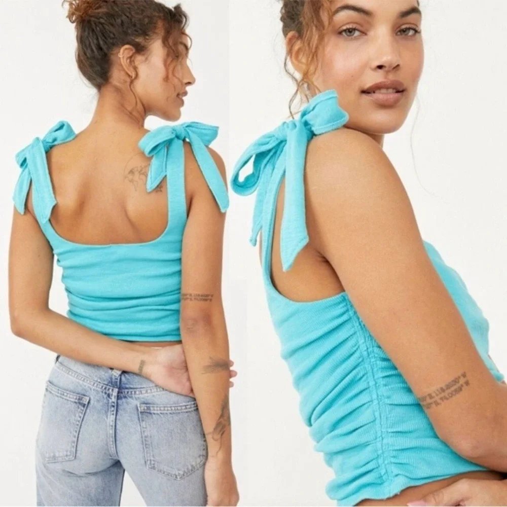 Free People Tie Strap Tank Top Ruched Sleeveless Turquoise‎ Blue XS